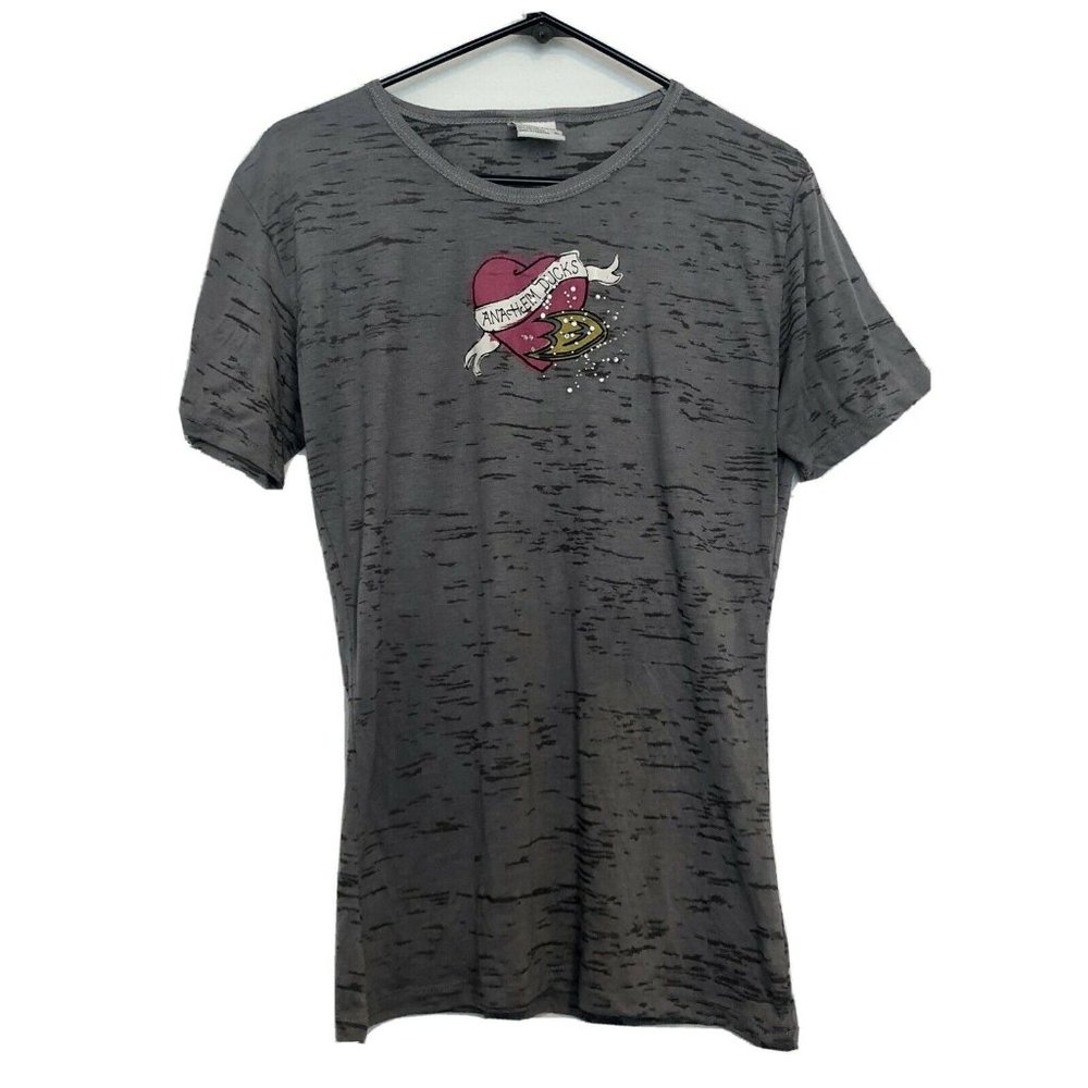 Camp David Gray Tiger Stripe Sheer Anaheim Ducks Hockey Fan Shirt Women’s XL